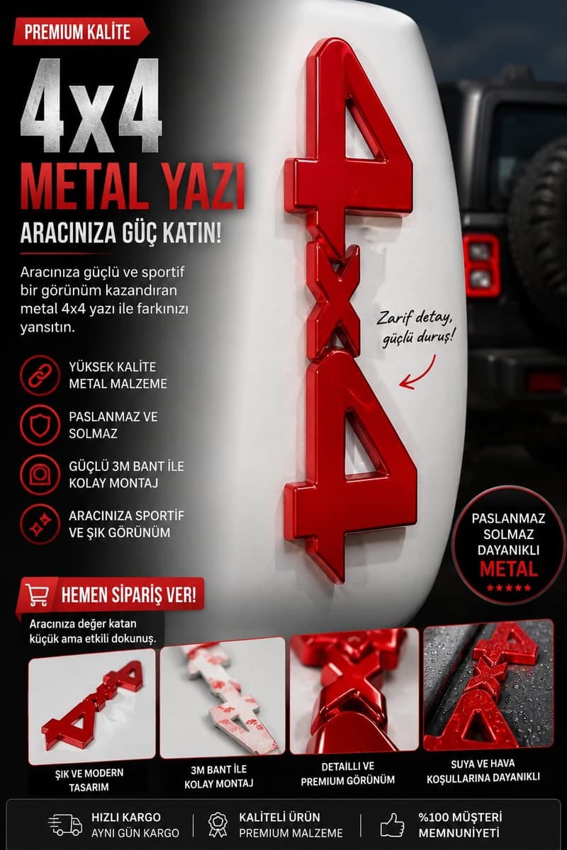 4x4 Metal Yazı Logo (Kırmızı)